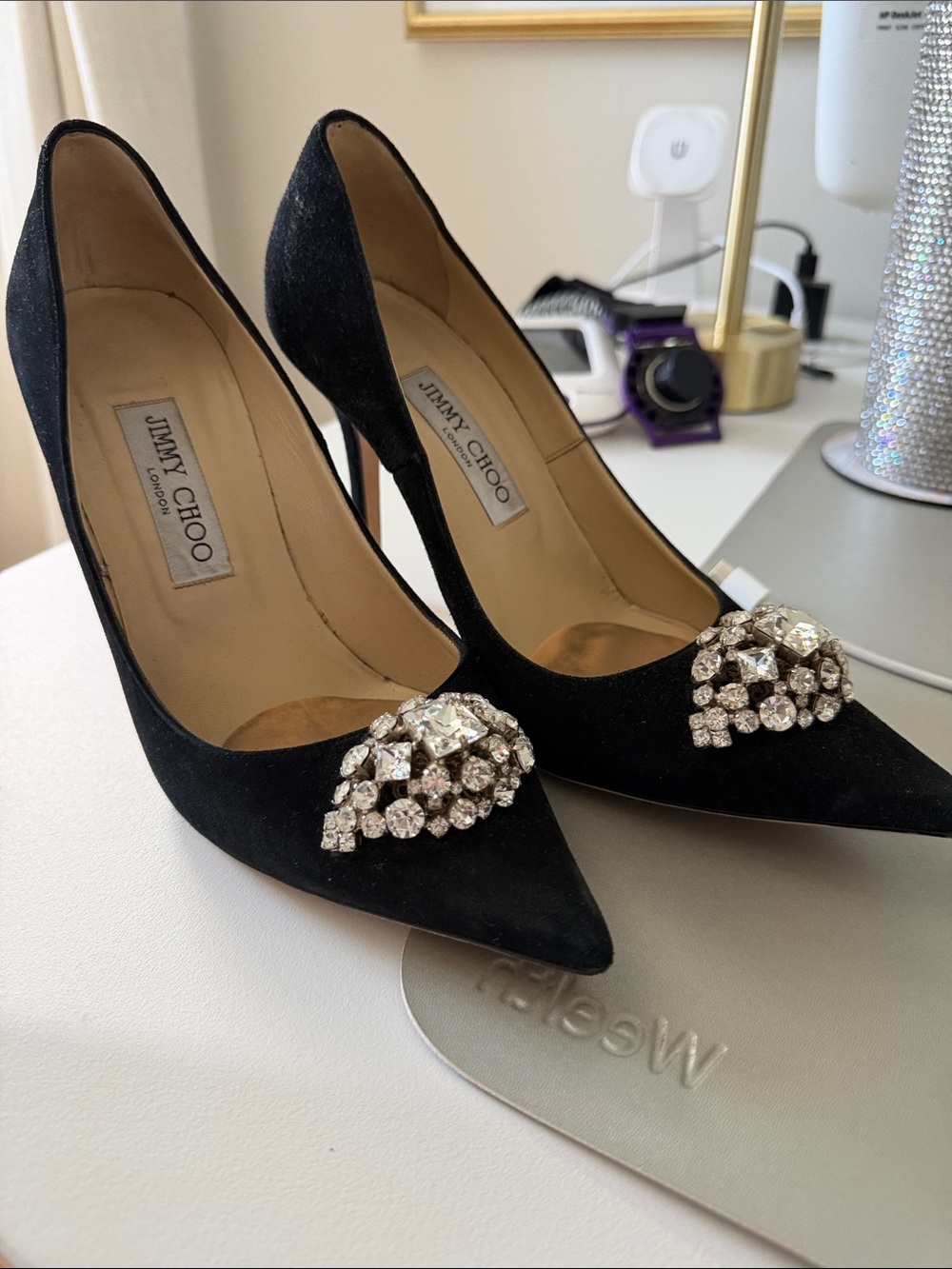 Jimmy Choo Black Suede Crystal Brooch Pointed-Toe Pumps